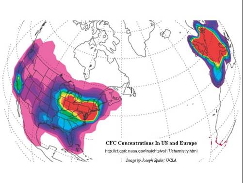 A partial globe image showing the North American and European continents, with concentric colored areas over the U.S. and Europe, and especially red over the eastern U.S. and western Europe.