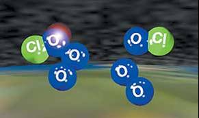 A depiction with spherical shapes, showing chlorine stealing one of an ozone molecule's three oxygen atoms.