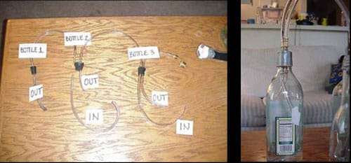 One photograph shows "in" and "out" labeled tubes for bottles 1, 2 and 3. The other photograph exact placement of a "in" and "out" tubes in one bottle.