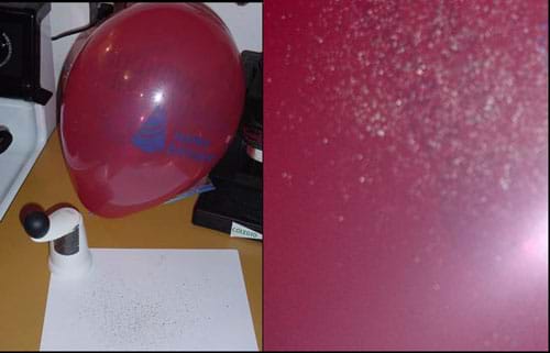 Two photographs. One shows an inflated balloon and black pepper flakes on a sheet of white paper. The other shows pepper specs on the surface of a red balloon.