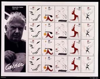 Stamp plate showing five images of Calder's artwork.