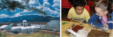 Two photos: Glass domes and greenhouses with a mountain backdrop. A boy and a girl look at the sand, soil, bark and water pool in a clear plastic container.