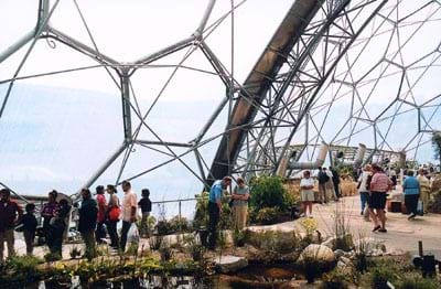 Photo shows visitors roaming inside a large geodesic greenhouse.