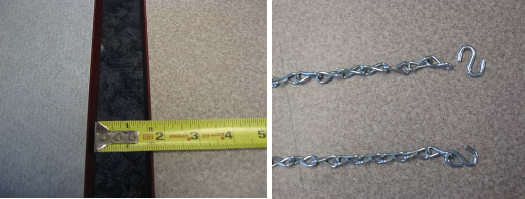 Two photos: (left) A tape measure placed across the gap between two tables. (right) Two lengths of silver chain link and two S-hooks.