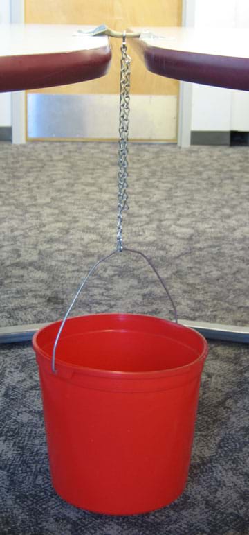 Photo shows side view of two table edges with a bone across their gap, and a bucket suspended below.