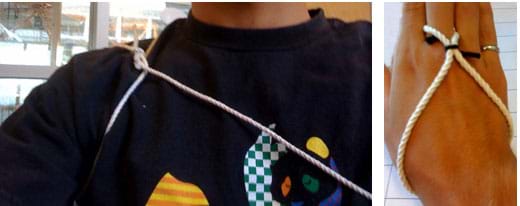 Two photos: (left) A shoulder harness made from thin rope goes from the top of the shoulder under the arm and across the torso. (right) A hand harness made from rope makes a figure eight around the middle finger and around the wrist.