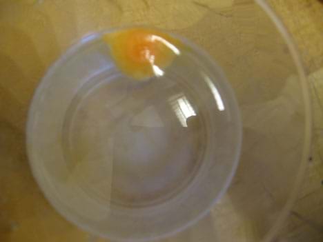 Photo view from above a clear glass shows a yellowish-orange dissolving blob in a whitish liquid.