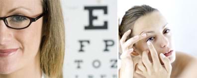 Two photos show a woman wearing eye glasses with a backdrop of a testing eye chart, and another woman putting a contact lens in her eye.
