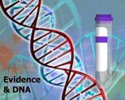 A drawing titled "Evidence & DNA" shows twisting double helix DNA strand and labeled evidence vial.