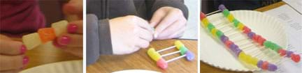 Three photos show hands placing three gumdrops on a toothpick, connecting the gumdrop sets with more toothpicks, and a completed ladder shape of two long strands of 15 gumdrops each.