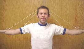 Photo shows two pieces of string tied to the arms and elbows of a person and stretched over the top of their head forming two A shapes.