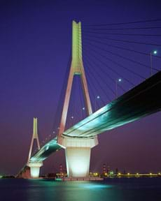 Fan-shaped cables connect to dramatic fork-shaped towers of a sleek bridge.