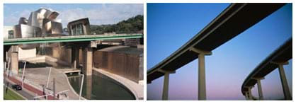 (left) Concrete column and beam bridge. (right) View from underneath an elevated and curving beam bridge.