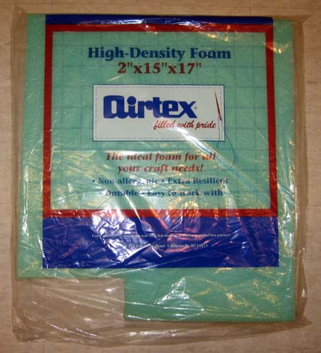 Photo shows green high-density (2" x 15" x 17") foam in a clear plastic wrapper.