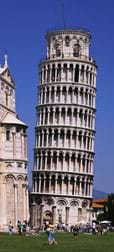 Photo shows an eight-story tower that clearly leans to the right, compared to a plumb building next to it.