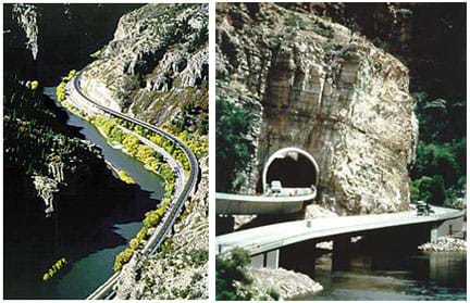 (left) Photo shows two roadways along a curving river at the base of a steep canyon. (right) Photo shows two elevated beam and column stretches of concrete highway, one spans part of a river, and the other heads into a tunnel.