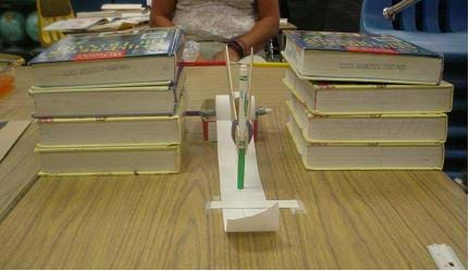 A photograph of an assembled, homemade seismograph constructed out of common classroom materials. There is a marker held by rulers that when hit, the marker will draw a line on a paper below.