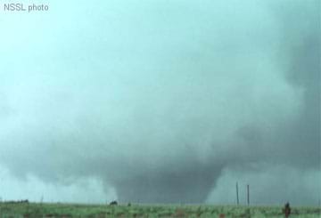 A photo showing a classic wedge tornado in Shamrock, Texas, in 1977.