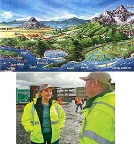 Two images: A colorful drawing of the many different landforms on planet Earth. Illustrated is a diverse landscape with tall mountains, volcanoes, and many islands in the ocean. Labeled are a volcano, lake, plateau, mesa, cape, mountain, glacier, river, ocean and delta. A photograph shows a female and male engineer standing before a building under construction in the background.