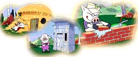 An illustration of the three little pigs and their straw, wood and brick houses.