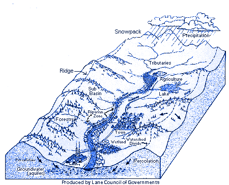 A landform diagram identifies precipitation, snowpack, ridge, tributaries, sub-basin, lake, forestry, riparian zone, agriculture, town, watershed divide, wetlands, percolation, groundwater (aquifer).