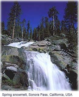 A photograph shows a rapid river and waterfall with the caption: Spring snowmelt, Sonora Pass, California USA.