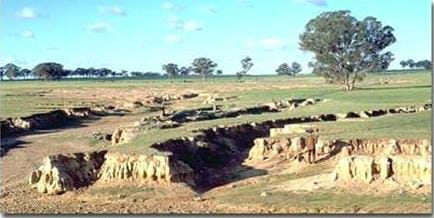 A photograph shows a landscape that would normally be flat, but is instead intertwined with several deep gullies, which are deep, water-eroded channels that have cut into the land.