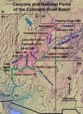 A map showing the path of the Colorado River: it travels from Colorado through the Grand Canyon and eventually deposits water into the Gulf of Mexico.