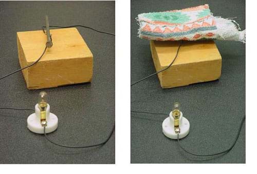 Two photos: On the left, a switch made with a nail placed across the two switch terminals (nails in wood) closes the simple switch circuit; the light bulb is lit. On the right, a switch made with a piece of cloth placed across the two switch terminals does not close the circuit; the light bulb is not lit.