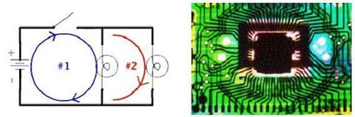 On the left, a circuit diagram of a simple parallel circuit containing a battery, two light bulbs, a switch and wire linking the components. On the right, a magnified view of an integrated circuit. In the background of the photograph, the circuit board is light green, the wires are black and a shadow of the integrated circuit can be seen in the middle.