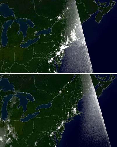 Two night images of the northeastern U.S. and Canada show a concentration of bright lights along the eastern seaboard, and much darkness in the same area in the second photo.