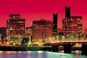 A photograph shows the sparkling city lights in skyscrapers and bridge.