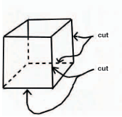 A diagram of a cube (box) with four edges to cut identified.