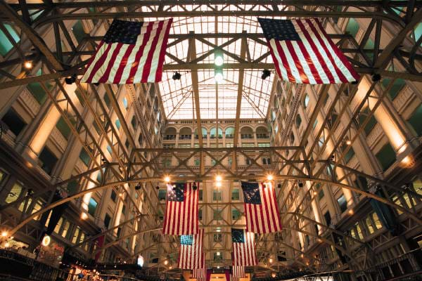 A photograph shows a huge skylight in an atrium ceiling.