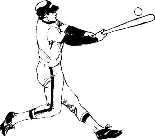 A black and white drawing of a baseball player in a ready swinging stance, as he prepares to hit a baseball.