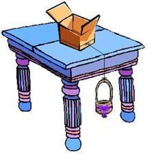 A drawing of a box resting on top of a table with a piece of fishing line tied around it. From the box, the fishing line drapes off the side of the table and is tied to a basket that hangs below the edge of the table.