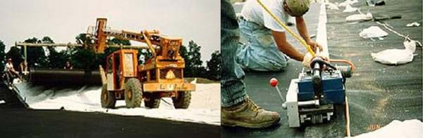 Two photos: (left) A large construction truck rolling out a large white piece of plastic. (right) Two men using equipment to seal a seam of two large black sheets of plastic. 