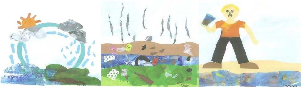 A series of three children's drawings: A depiction of the water cycle. A polluted Earth. A person drinking water from a polluted water source.