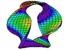 A prism-colored, 3-D drawing of a twisted loop.