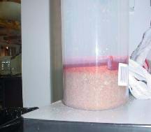 A photograph of a model contaminated aquifer. Shown is a container filled with gravel and water with red food coloring streams filtering down into the spaces between the gravel — the aquifer. 