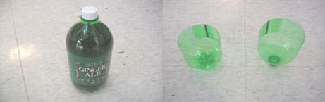 A photograph shows a 2-liter bottle of ginger ale (left) and the same green plastic bottle cut in half horizontally (right) so the base is in one half and the narrow neck is in the other half.