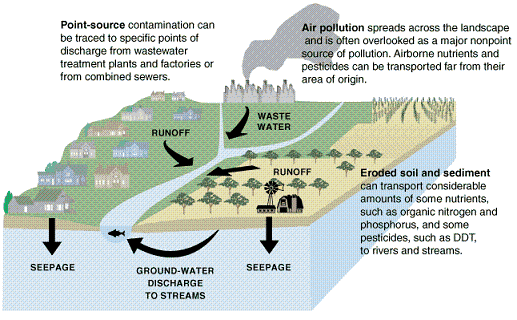 A colorful cutaway diagram shows a landscape depicting various pollution sources: city, urban community and a rural farm, each contributing to environmental pollution.