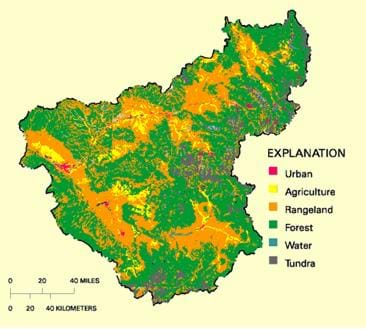 A colorful image showing the land use and land cover of Upper Colorado River Land Cover. A legend shows the color markings for urban, agricultural, rangeland, forest, water and tundra areas.