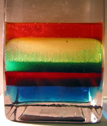 Photo shows distinct layers of blue, dark red, green, yellow and orange fluids in a glass jar.