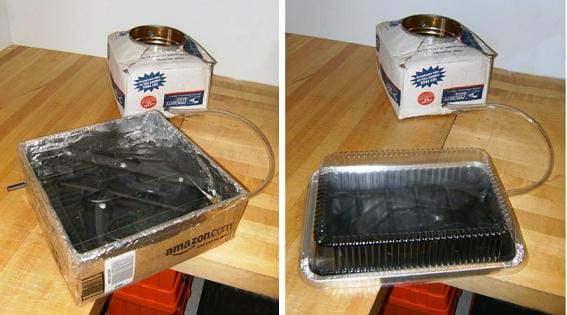 Two photos. Both show an insulated coffee can in a box connected by tubing to a foil and black box with a clear plastic cover.