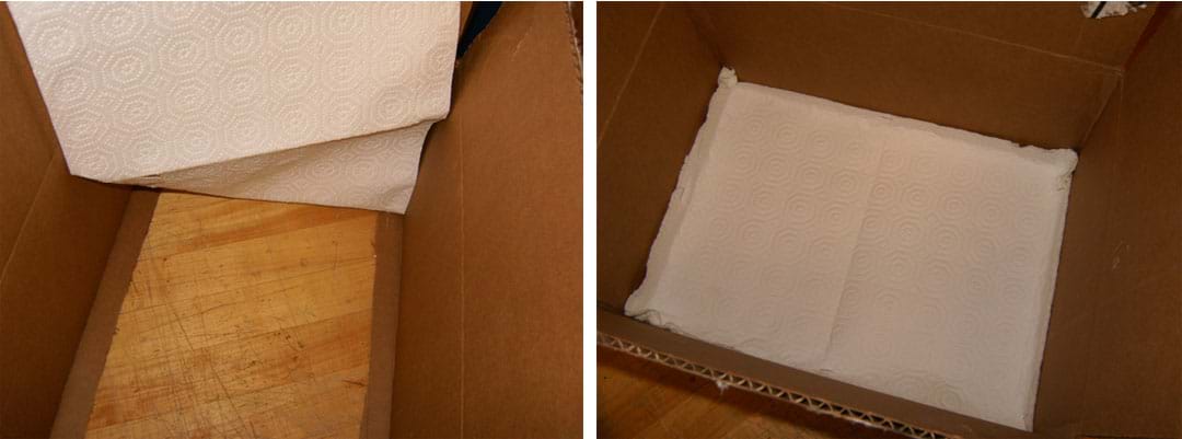 Two photos show (left) the paper towel sheet being laid inside the box and (right) attached securely to all four sides of the cooler box bottom.