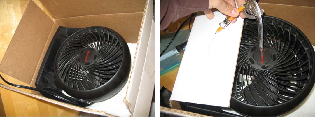 Two photos show (left) an electric fan placed inside the box, and (right) a hand holding a compass to draw curved pencil lines on a cardboard flap overlapping the fan in the box
