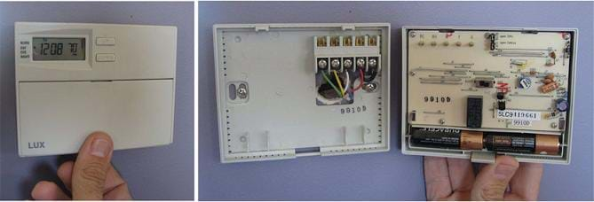 Two photos. (left) Plastic box mounted to a wall with digital readout of time and temperature. (right) Same plastic box opened to reveal circuitry, wires and batteries.