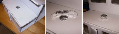 Three photos: (left) The ceiling board of a model house with a hole for the solar tube. (middle) A strip of foil-wrapped paper sized to curl and fit into the hole. (right) The piece of foil-wrapped paper curled and inserted into the ceiling hole and extending a bit above the board.