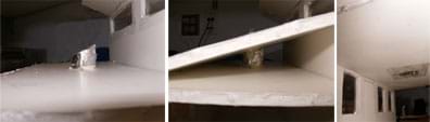 Three photos: (left) A foil-covered strip of angled paper extends above a ceiling board. (middle) The same foil-covered strip further extended through a hole cut in an angled roof board. (right) View of the solar tube from inside the model house; clear wide packing tape secures it to the ceiling.